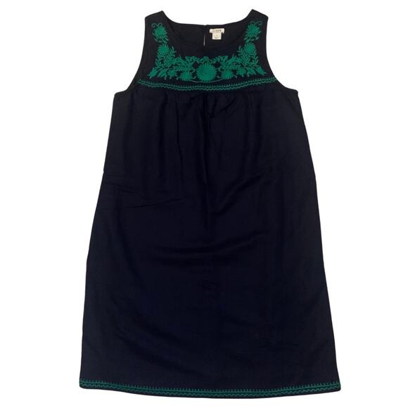 J. Crew Floral Embroidered Navy Blue Green Linen Sleeveless Short Shift Dress XS - Picture 1 of 12